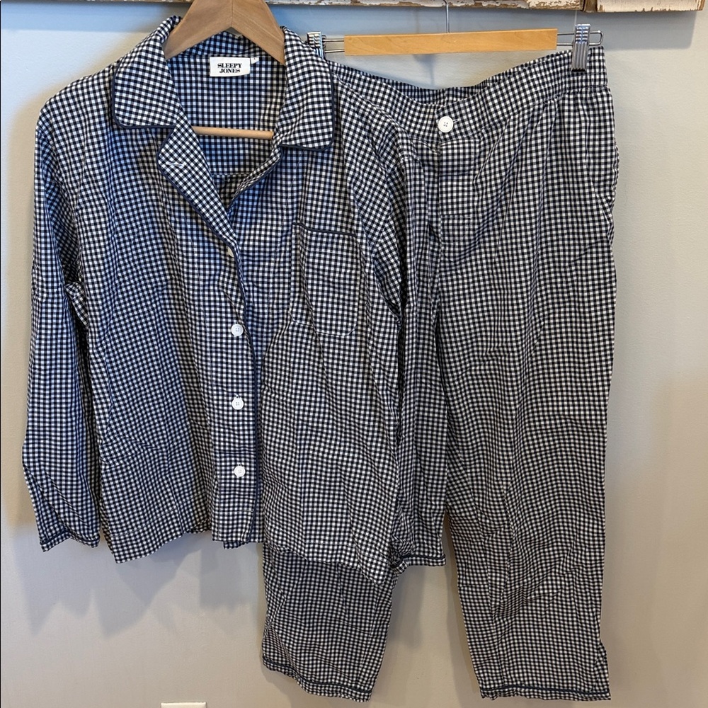 Sleepy Jones Marina Pajama Set gingham blue‎ and white size large